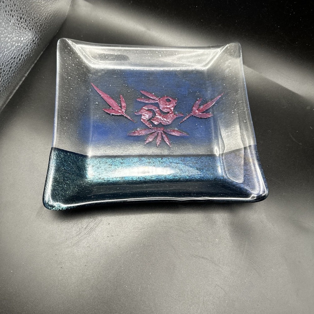Dichroic‎ Studio Art Fused Glass Rectangular Plate With Rabbit Design Blue Red
